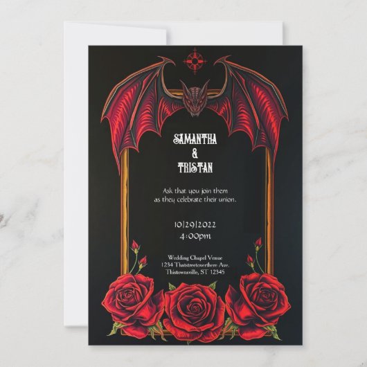 Red Bat and Roses Gothic Wedding Invitation (Devant)