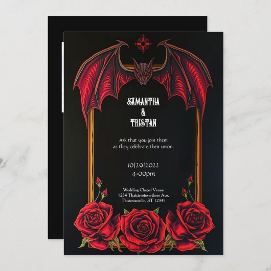 Red Bat and Roses Gothic Wedding Invitation (Devant / Derrière)