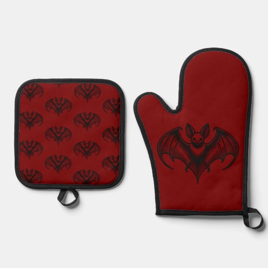 Red Bat Patterned Oven Mitt and Pot Holder Set (Voorkant)