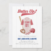 Red Batter Up Baseball First Birthday Invitation (Devant)