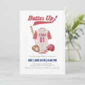 Red Batter Up Baseball First Birthday Invitation (Debout devant)