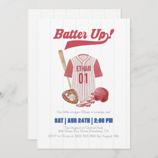 Red Batter Up Baseball First Birthday Invitation (Devant / Derrière)