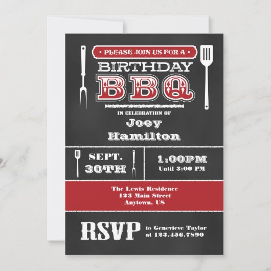 Red BBQ Birthday Chalkboard Invitation Kaart (Voorkant)