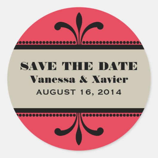 Red/beige Fancy Art Deco Save the Date Stickers (Voorkant)