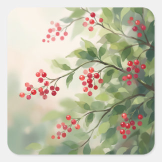 Red Berries and Green Leaves Branch Vierkante Sticker