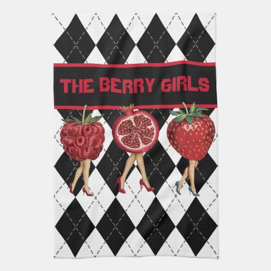 Red Berries Cartoon Dames op Zwart & Wit geruite Theedoek (Verticaal)
