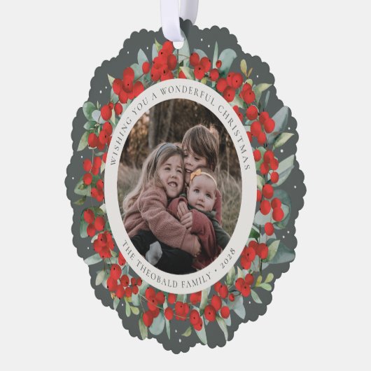 Red Berries + Eucalyptus Christmas Wreath Photo Ornament Kaart (Links)