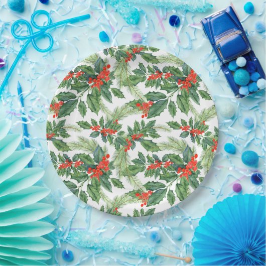 Red Berries Green Holly Floral kerstfeestdag Papieren Bordje (Feest)