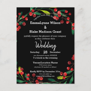 Red Berries Green Wreath Black Silver Wedding Invi Briefkaart