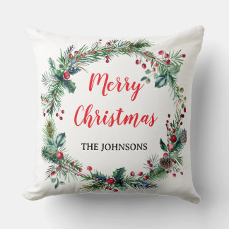 Red Berries Greenery Family Christmas Throw Pillow Kussen