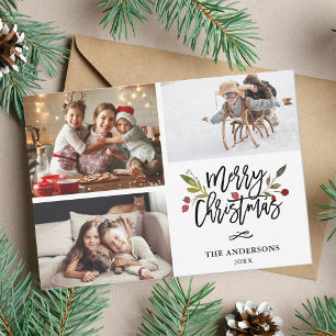Red Berries Merry Kerstmis 3 Foto Collage Feestdagenkaart