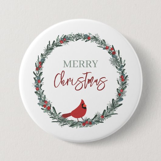 Red Berries Wreath and Red Cardinal Christmas  Ronde Button 7,6 Cm (Voorkant)