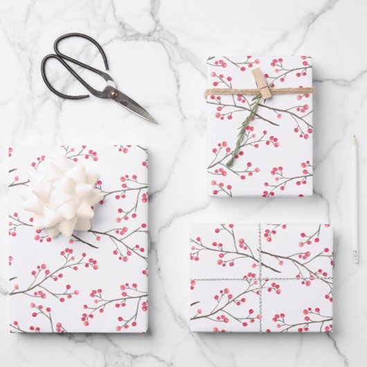 Red Berry Branch Winter Holiday Inpakpapier Vel (Voorkant)