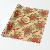 Red Berry Christmas Pattern Cadeaupapier (Uitgerold)