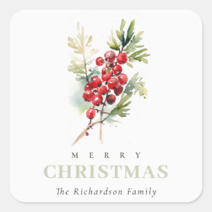 Red Berry Fir Winter Christmas Foliage Waterverf Vierkante Sticker