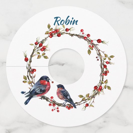Red Berry Wreath met Robins, Editable Name Wijnglaslabel (Voorkant)