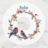 Red Berry Wreath met Robins, Editable Name Wijnglaslabel (Achterkant)