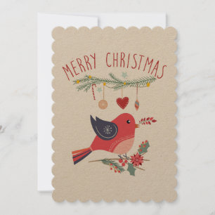 Red Bird and Wreated Kerstmis Scandinavian Card Kaart