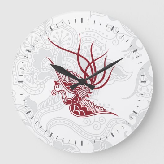 Red Bird & Floral Pattern Wall Clock Grote Klok (Voorkant)