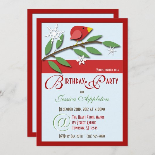 Red Bird on Branch - Invitations de fête d'anniver (Devant / Derrière)