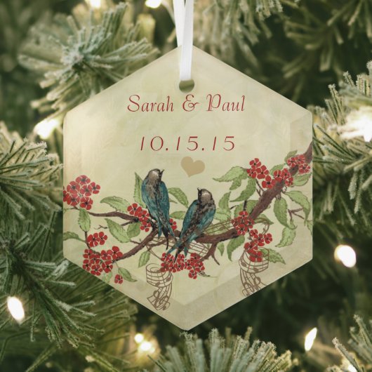 Red  Bird Save the Date Damask Brown Notes Glas Ornament (Insitu)