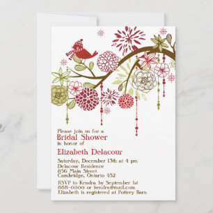 Red Bird Whimsical Winter Bridal Shower Invitation Kaart