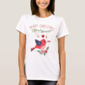 Red Bird & Wreath Scandinavian KerstFolk Art T-shirt (Voorkant)