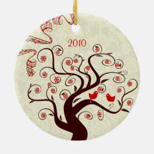 Red Birds Swirl Tree Christmas Foto Ornament