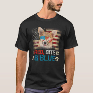 Red Bite en Blue Corgi Dog American USA Vlag 4th T-shirt