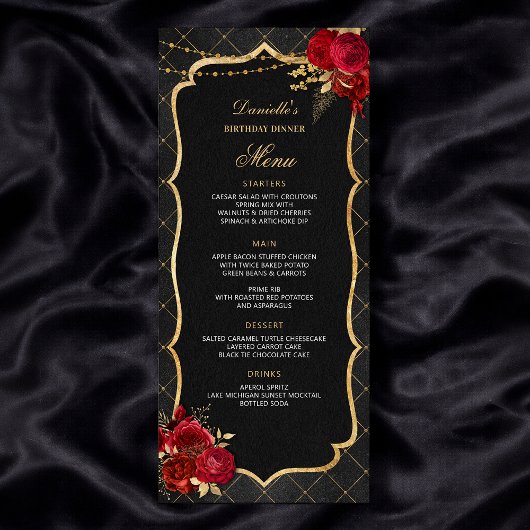 Red Black and Gold Birthday Dinner Menu