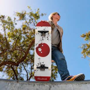 Red Black and White Cherry Blossom Rising Sun Name Skateboard