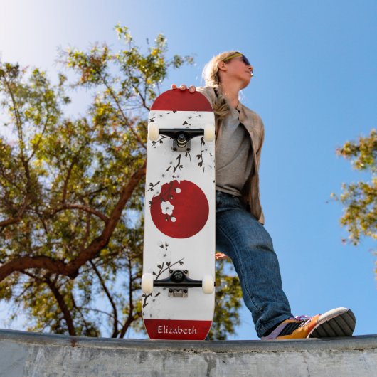 Red Black and White Cherry Blossom Rising Sun Name Skateboard (Buiten 1)