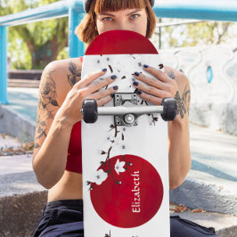 Red Black and White Cherry Blossom Rising Sun Name Skateboard