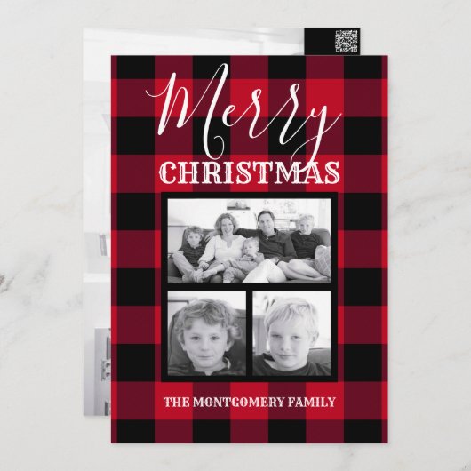 Red Black Buffalo Check Merry-kerstfoto Feestdagenkaart (Voorkant / Achterkant)