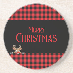 Red Black Buffalo Check met Peeping Reindeer Zandsteen Onderzetter