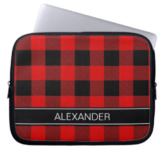 Red Black Buffalo Check Pset Name Monogram Laptop Sleeve