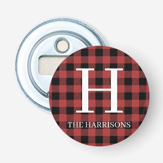 Red Black Buffalo Plaid Monogram Holiday Button Flesopener (Voorkant)
