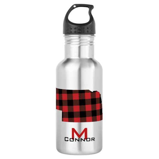 Red Black Buffalo Plaid Nebraska Monogram Waterfles (Voorkant)