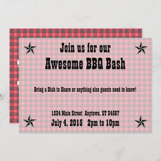 Red Black Check Pset BBQ-uitnodiging Kaart (Voorkant / Achterkant)