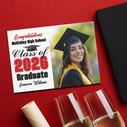 Red Black Class of 2026 Graduate Photo Graduation Aankondiging