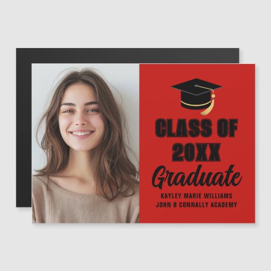 Red Black Class of 2026 Graduation Photo Magnet (Devant / Derrière)