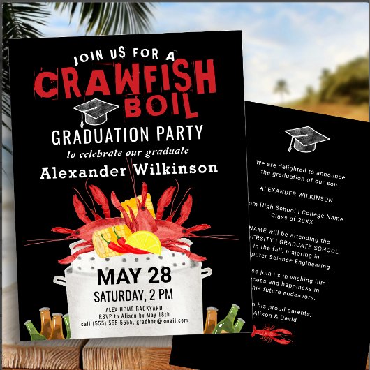 Red Black Crawfish Boil Afstuderen BBQ Party Kaart