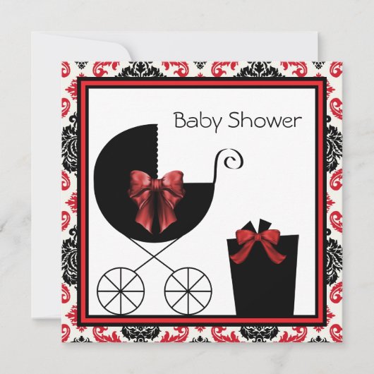 Red Black Damask Baby Shower Invitations (Devant)