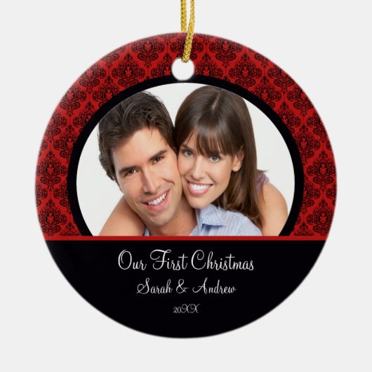 Red & Black Damask Foto Eerste kerstversiering Keramisch Ornament (Voorkant)