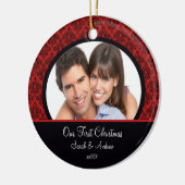 Red & Black Damask Foto Eerste kerstversiering Keramisch Ornament (Links)