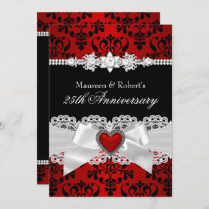 Red Black Damask Heart Bow 25th Jubileum Kaart
