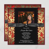 Red Black Damask Photo Faire-part de graduation (Devant / Derrière)