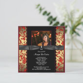 Red Black Damask Photo Faire-part de graduation (Debout devant)