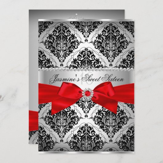 Red Black Damask Sweet 16 Uitnodiging (Voorkant / Achterkant)