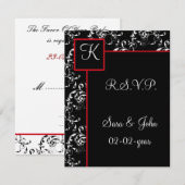 Red Black Damask Wedding Invitations RSVP Kaartje (Voorkant / Achterkant)